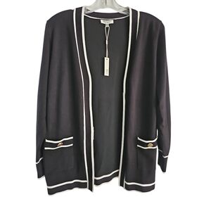 Essentials Milano Sweater Size S Black White Trim Open Front Cardigan Pockets